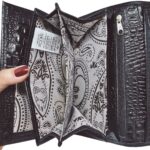 Carteira Couro Legítimo Feminina Grande Zíper Preta Croco - Imagem 4