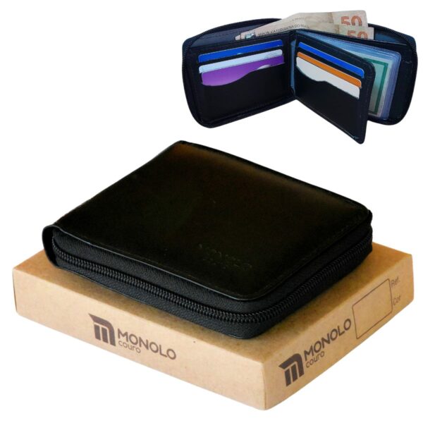 Carteira Masculina de Couro Legítimo Grande Zíper externo Completa grande executiva porta documentos Monolo