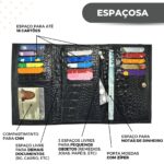 Carteira Couro Legítimo Feminina Grande Zíper Preta Croco - Imagem 3
