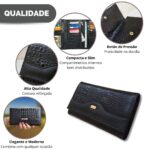 Carteira Couro Legítimo Feminina Grande Zíper Preta Croco - Imagem 2