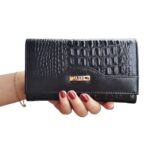 Carteira Couro Legítimo Feminina Grande Zíper Preta Croco - Imagem 11