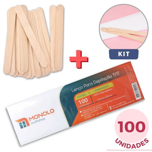 Kit Papel depilatório TNT + Espátula Palito Descartável c/ 100 unidades