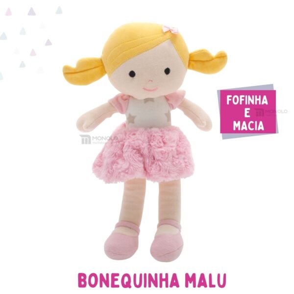 Boneca Pano Malu Infantil Menina Antialérgico Lavável 32 Cm Linda