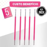 Kit 5 Espátula Cutícula Manicure Mista Cutelaria Rosa Silicone Empurrador Palito Unha Aço Inox - Imagem 5