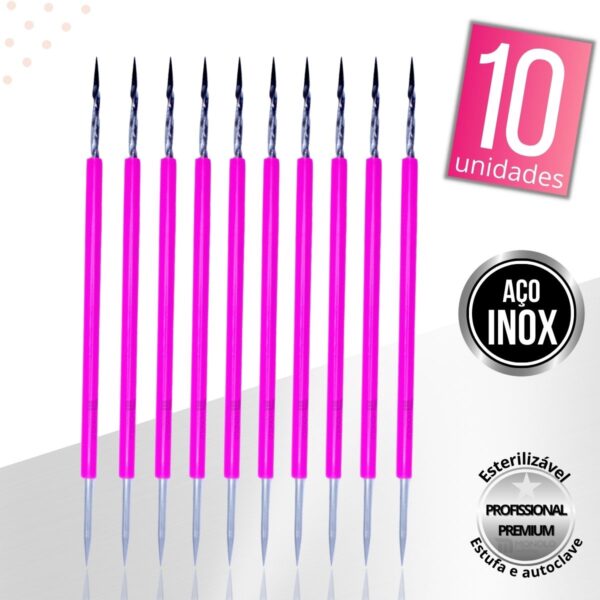 Kit 10 Palito Duplo Bastão Cutícula Unha Manicure Pedicure Cutelaria Silicone Rosa Aço Inox