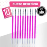 Kit 10 Palito Duplo Bastão Cutícula Unha Manicure Pedicure Cutelaria Silicone Rosa Aço Inox - Imagem 7