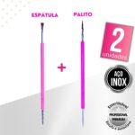 Kit Espátula Mista + Palito Duplo Bastão Cutícula Unha Manicure Pedicure Cutelaria Silicone Rosa Esterelizável Aço Inox