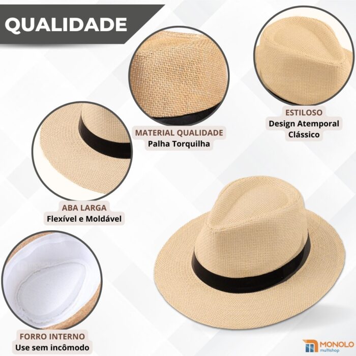 Chapéu Panamá Palha Aba Larga Moda Masculino Feminino Praia Casual Festa Pagodeiro Viagem Clássico Tradicional - Image 4