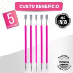 Kit 5 Espátula Mista Empurrador Curvo Palito Silicone Cutícula Manicure Cutelaria Aço Inox Monolo - Imagem 2