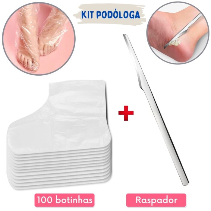 Kit 100 Bota Plástica Descartável + Raspador Espátula Bisturi Pés Podóloga elimina Pele Morta Calo