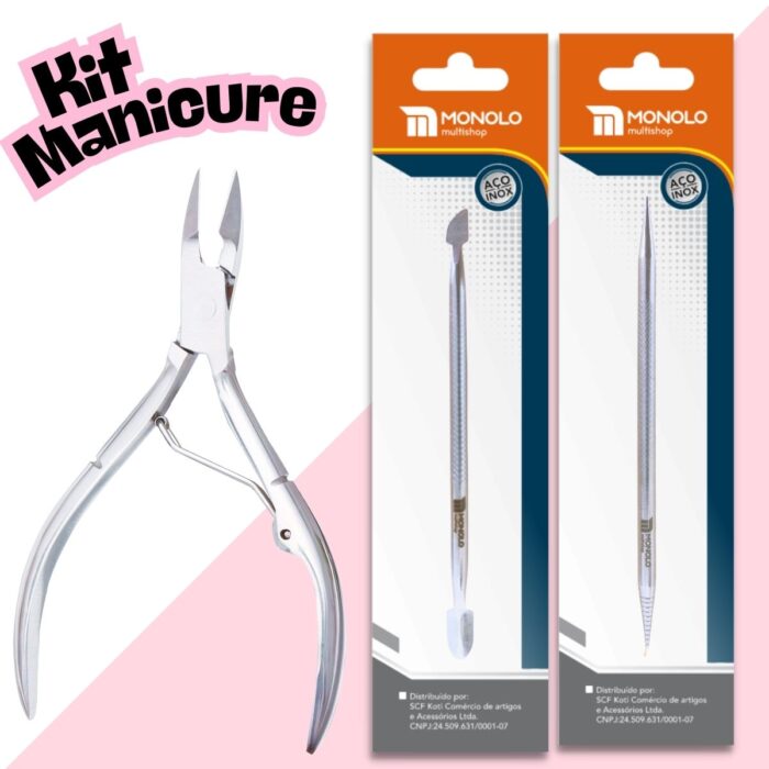 Kit Alicate Cutícula + Palito + Espátula Empurrador Unha Manicure Pedicure Afiado Profissional Aço Inox