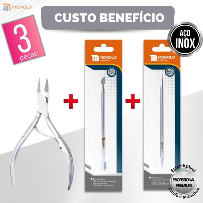 Kit Alicate Cutícula + Palito + Espátula Empurrador Unha Manicure Pedicure Afiado Profissional Aço Inox - Image 2