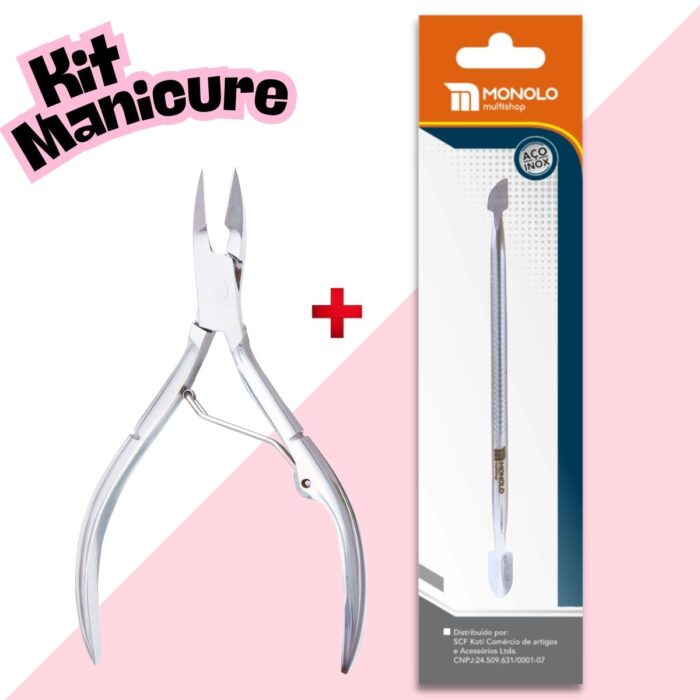 Kit Alicate Cutícula + Espátula Empurrador Unha Manicure Pedicure Afiado Profissional Aço Inox