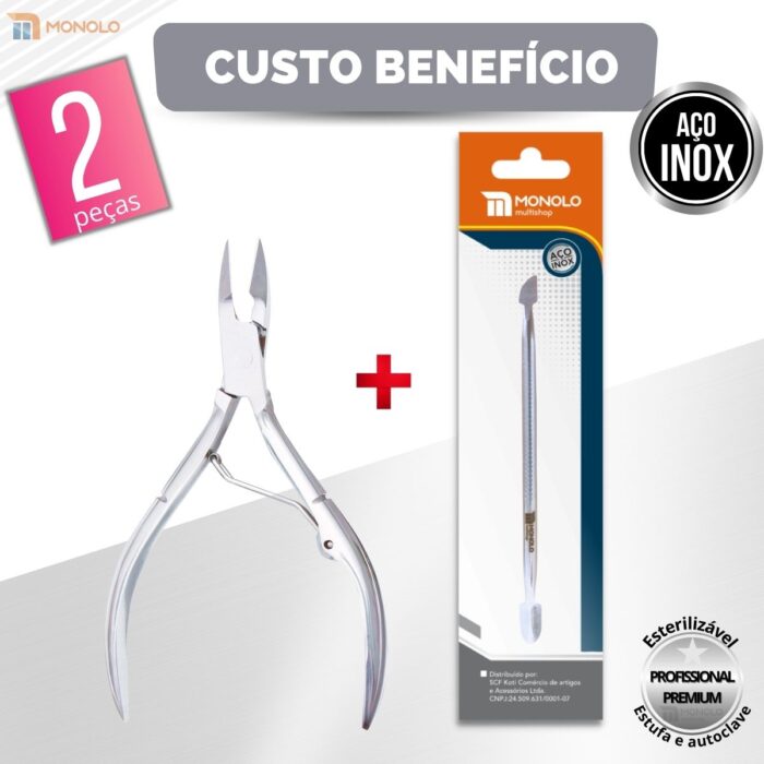 Kit Alicate Cutícula + Espátula Empurrador Unha Manicure Pedicure Afiado Profissional Aço Inox - Image 2