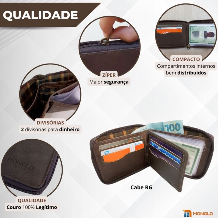 Carteira Masculina Couro Legítimo Zíper Porta Cartão Slim Fina Bolso Completa Executiva Monolo - Image 2