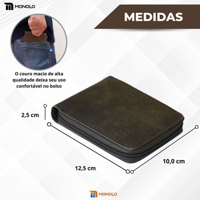 Carteira Masculina Couro Legítimo Zíper Porta Cartão Slim Fina Bolso Completa Executiva Monolo - Image 10