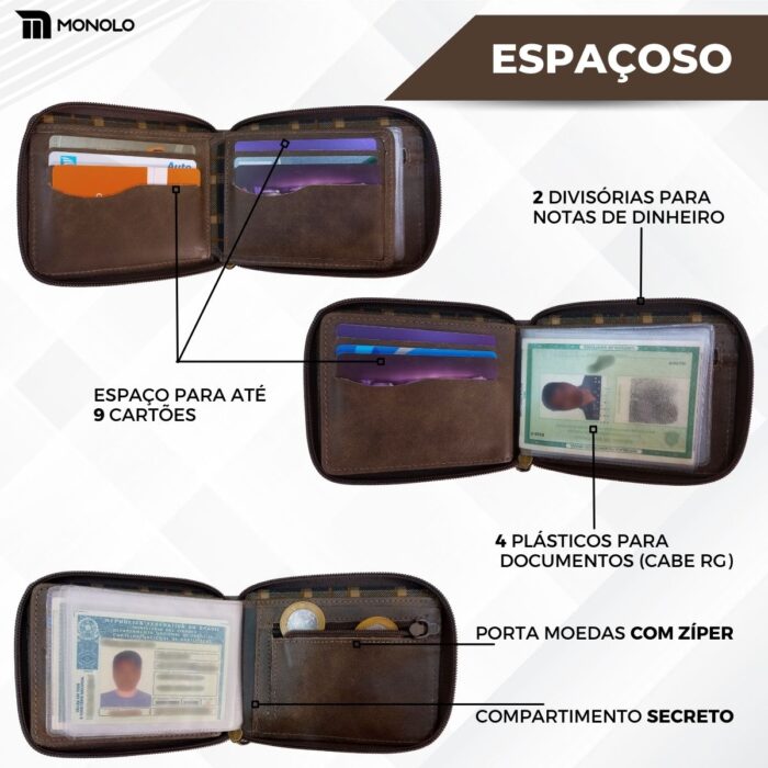 Carteira Masculina Couro Legítimo Zíper Porta Cartão Slim Fina Bolso Completa Executiva Monolo - Image 3