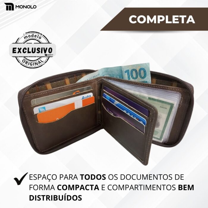 Carteira Masculina Couro Legítimo Zíper Porta Cartão Slim Fina Bolso Completa Executiva Monolo - Image 8