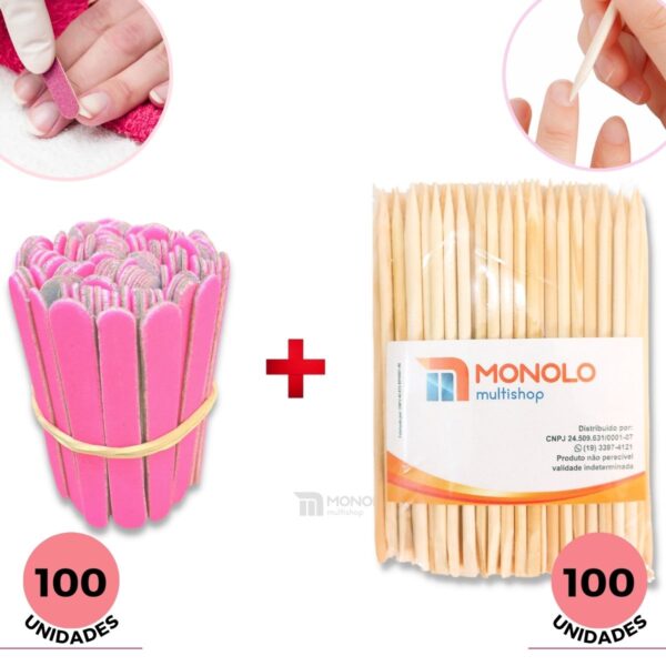 Kit 100 Lixas de Unha Mini + 100 Palitos Manicure Pedicure Descartável