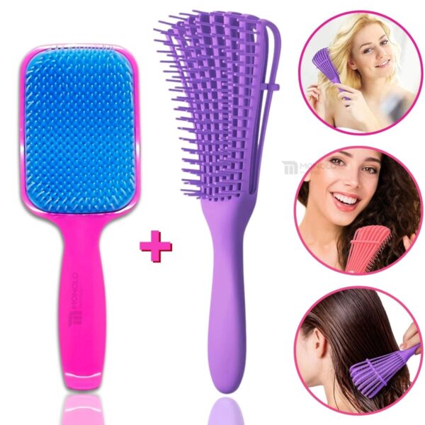 Kit Escova Raquete + Escova Polvo Cabelo Cacheado Liso Ondulado Desembaraçadora