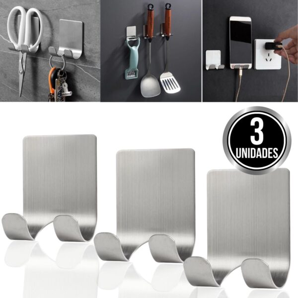 Kit 3 Gancho Parede Suporte Cabide Adesivo Alta Aderência Metal Aço Inox