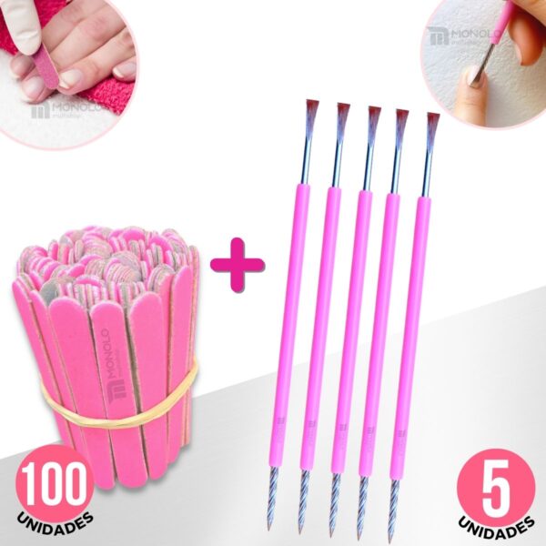 Kit 100 Mini Lixa Unha + 5 Espátula Mista Cutícula Manicure Cutelaria Silicone Empurrador Palito Aço Inox