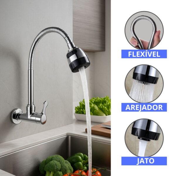 Torneira Cozinha Parede Gourmet Cromado Aço Inox Econômica Fácil Instalação Super Resistente Luxo