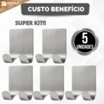 Kit 5 Gancho Parede Suporte Cabide Adesivo Alta Aderência Metal Aço Inox - Imagem 6