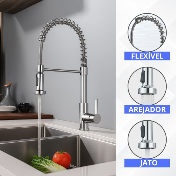 Torneira Cozinha Bancada Gourmet Cromado Flexível Inox Mola Design Moderno Fácil Instalação Luxo