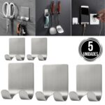 Kit 5 Gancho Parede Suporte Cabide Adesivo Alta Aderência Metal Aço Inox